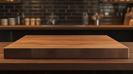 Empty wooden table top with blurred kitchen interior background
