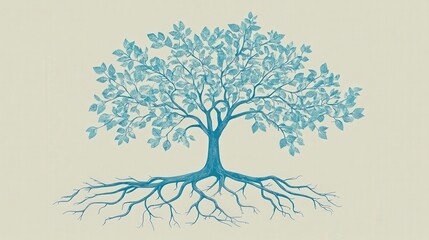 Obraz premium Serene Blue Tree Illustration with Intricate Roots and Branches - A Captivating Botanical Print