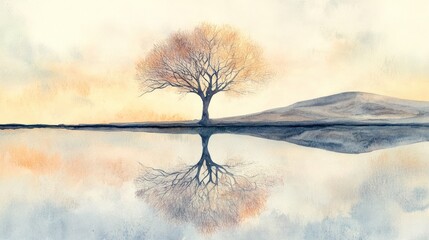 Serene autumn tree reflected in calm water at sunset; peaceful nature scene for meditation or relaxation