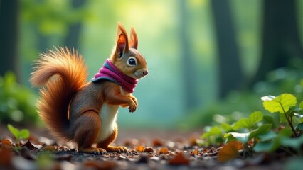 Adorable red squirrel wearing a cozy scarf, standing on forest ground amongst fallen leaves in soft sunlight.