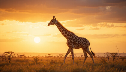 Obraz premium Giraffe Walking Through a Golden Savanna at Sunset