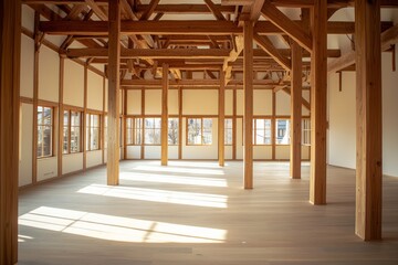 Fototapeta premium A large room with wooden beams and windows, featuring an empty space for artistic expression. The floor is made of light-colored wood, creating a warm atmosphere in the bright environment. 