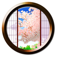 丸窓から見える桜のある風景