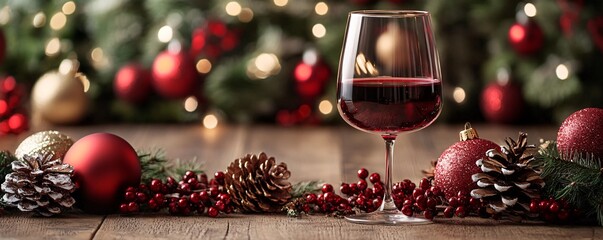 Glass of red wine with christmas decorations on a rustic wooden table