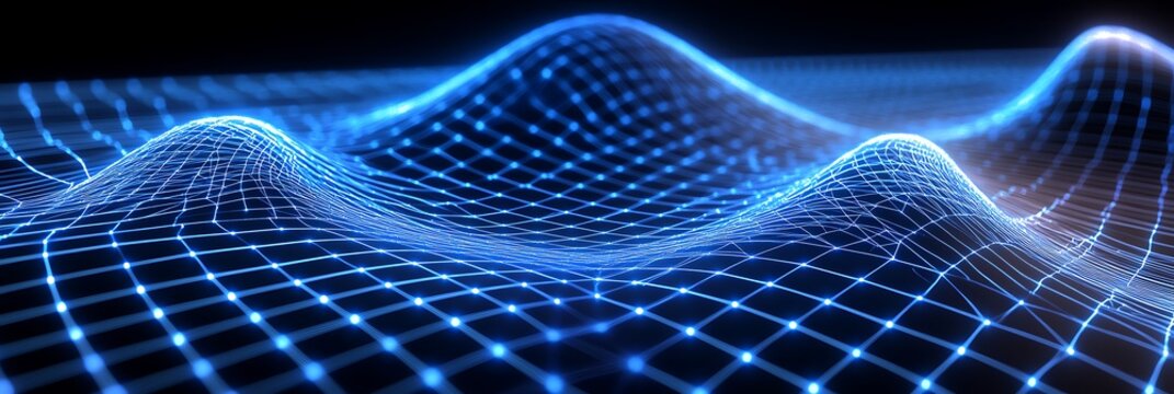Macro view of a mathematical grid with 3D parabolic curves glowing in blue