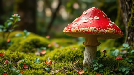 Whimsical toadstool with vibrant red cap surrounded by lush greenery in an enchanting forest, fairy tale, fantasy