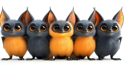 Fototapeta premium Adorable Cartoon Owls with Fluffy Feathers in Trio Portrait View