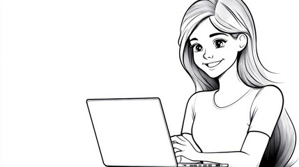 Young woman engaged in online activity while sitting at a desk with a laptop in a minimalistic environment during a bright study session