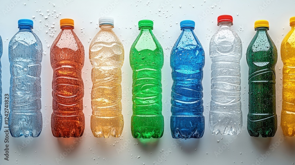 Poster top view of different plastic bottles displayed in a row with water droplets captured on the surface