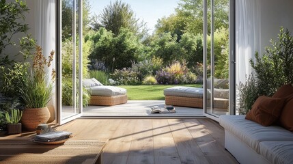 Fototapeta premium Experience the harmony of indoor and outdoor living in summer.