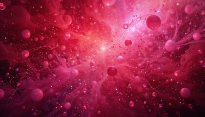Artistic backdrop in vibrant reds and pinks, dotted with luminescent bubbles evoking unity and a deep sense of love