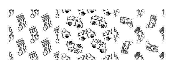 Seamless black and white patterns with cute socks and delivery trucks