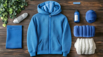 Blue sweater and gloves laid out on a flat surface with athleisure fashion style and copy space for text