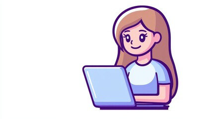 A girl is intently working on her laptop, her face lit up with a smile. The scene is depicted in a vibrant and simplistic pixel art style, set in a bright and inviting setting