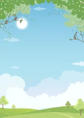 Gardinen Spring background.Summer landscape of garden with blue sky cloud, sun, forest tree and green grass lawn field on mountains,Vector cute cartoon nature park with copy space for Easter background banner © Anchalee