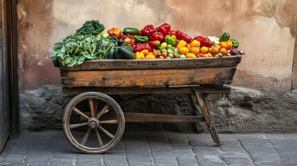 A wooden cart overflowing with a variety of fresh, colorful vegetables ready for sale or harves