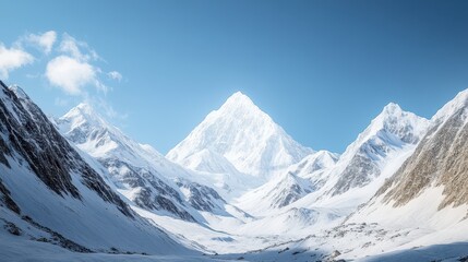 Obraz premium Majestic snow-capped peaks rise against a clear blue sky in a stunning mountain landscape showcasing winter beauty and tranquility