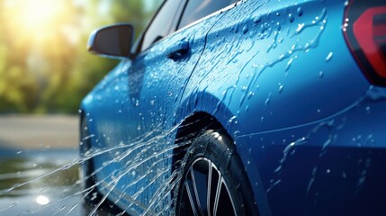 Close-up of Clean Water Droplets on Freshly Washed Blue Car Body with Shimmering Sunlight and Vibrant Nature Background