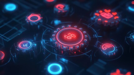 A conceptual digital illustration of ISO standard quality control with glowing gear icons and settings, surrounded by a gradient dark background