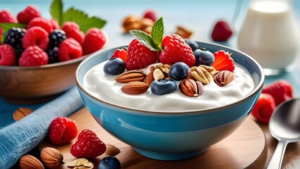 Creamy greek yogurt bowl topped with fresh berries and crunchy pecans