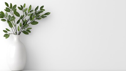 A minimalist white vase with green leaves against a plain white background.