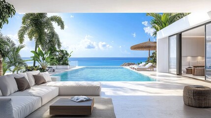 Fototapeta premium Contemporary villa featuring a swimming pool and terrace.
