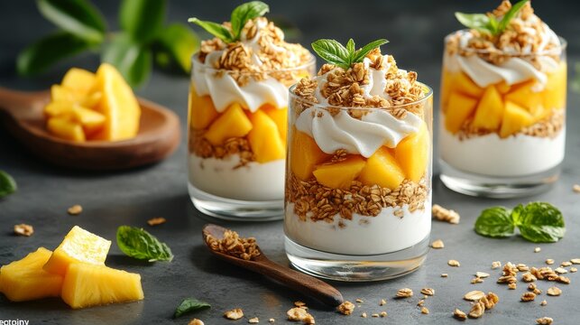 Delicious tropical mango and pineapple parfait with yogurt and granola for healthy breakfast or dessert