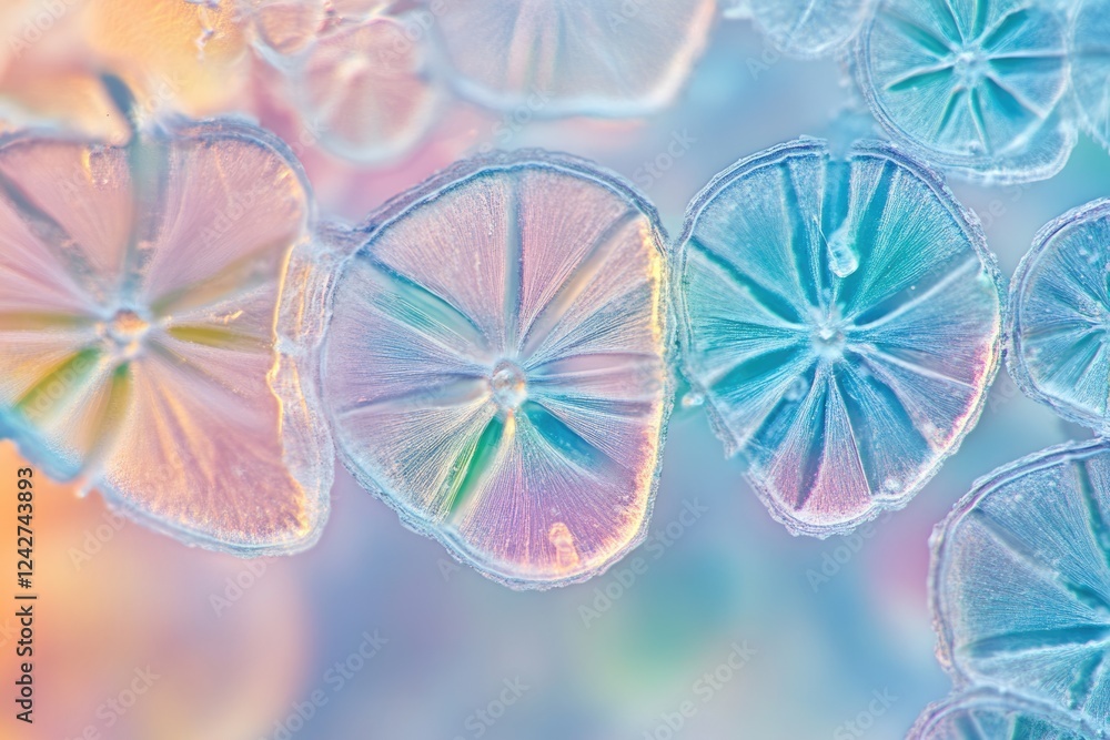 Poster close-up of iridescent, translucent, flower-like structures with radial patterns, creating a dreamy,