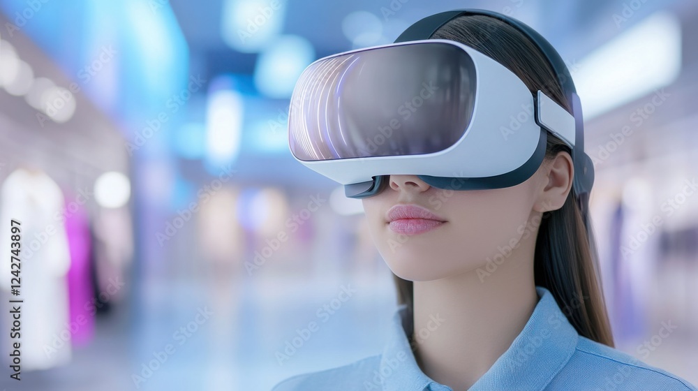 Poster a futuristic high-resolution image of a person wearing a sleek vr headset while exploring a digital 