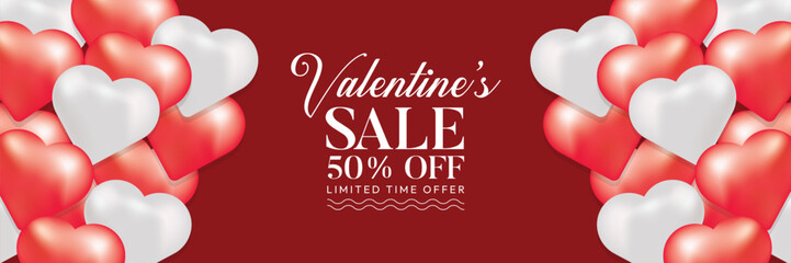 Valentine's Day Sale 50% off Poster or banner with many sweet hearts and on red background