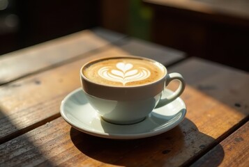 Aromatic coffee beverage with latte art, served in a delicate cup on a rustic wooden table, bathed in warm sunlight