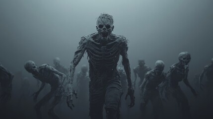 Zombie horde advances through fog; apocalyptic scene