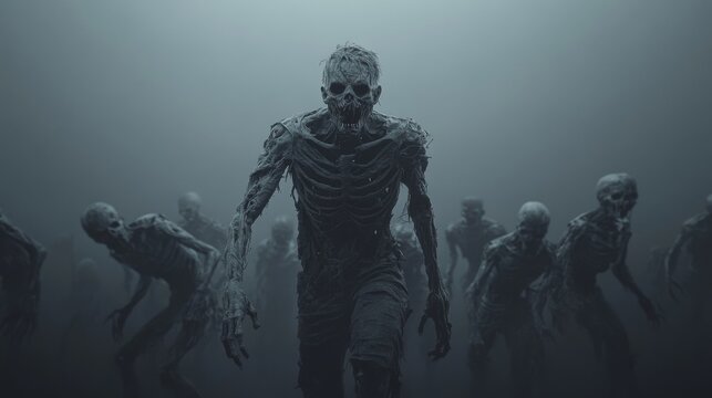 Zombie horde advances through fog; apocalyptic scene