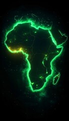Modern digital illustration of the African continent in neon green, perfect for travel brochures, cultural events, and tech presentations with a vibrant atmosphere.