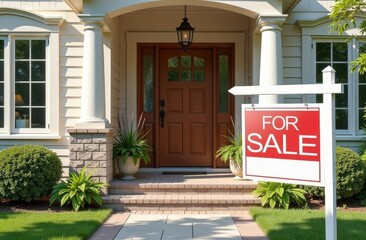 Advertising banner with the inscription For Sale against the background of a stylish house with a well-kept yard. Behind the banner you can see the entrance to the house and a green lawn, emphasizing 