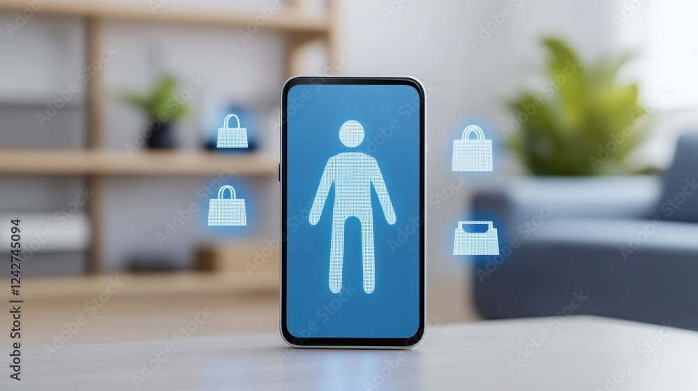 Poster A high-tech e-commerce concept featuring an AI-powered virtual shopping assistant displayed as a glowing holographic chatbot on a smartphone screen.