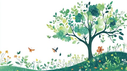 Spring tree, butterflies, flowers, meadow, nature illustration