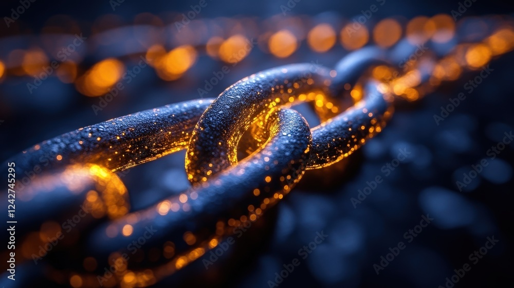 Aufkleber close-up of glowing metallic chain links illuminated by ambient light in a dark setting