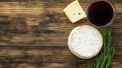 Rustic wood table, cheese, wine, rosemary, food photography, advertising