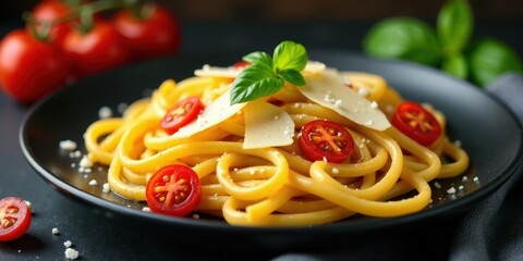 Aromatic pasta dish, featuring vibrant yellow noodles, succulent cherry tomatoes, and delicate parmesan shavings, garnished with fresh basil leaves, served on a sleek black plate.