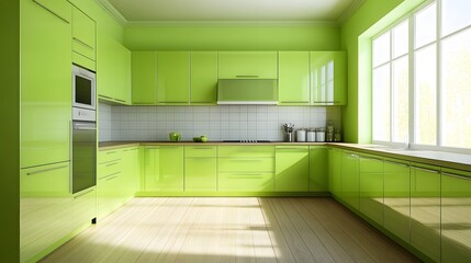 Fototapeta premium Modern Lime Green Kitchen Design With Bright Sunlight