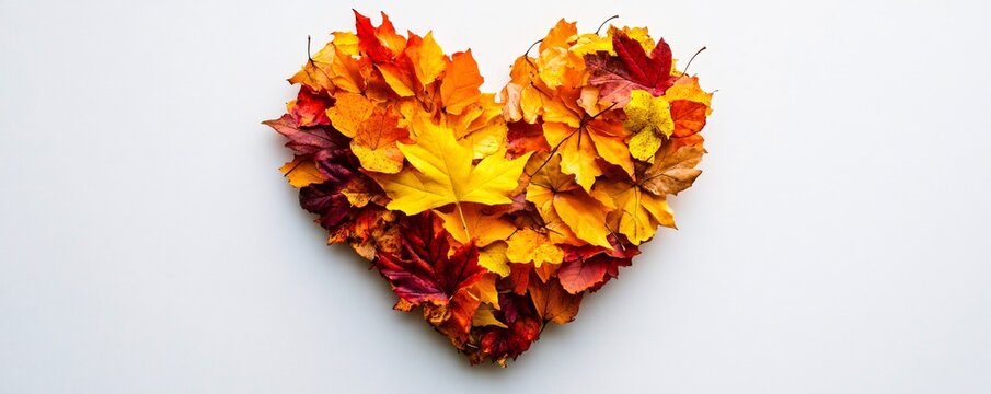 Colorful autumn leaves forming a heart shape on white background