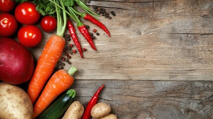 A colorful assortment of fresh vegetables arranged on a wooden surface.