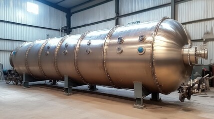 Large chemical reactor tank in a factory with pipings and cooling system.