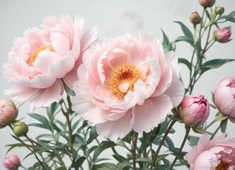 Obraz premium Watercolor peony flowers in soft pastel shades against a white background, nature, feminine