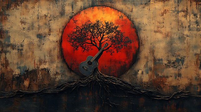 Sunset guitar tree art, textured background, music album cover