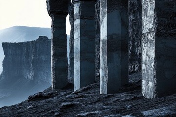 Ancient stone pillars stand on a cliff overlooking a misty mountain range, creating a mysterious and desolate scene.