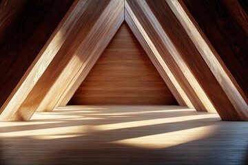 An empty, wooden, triangular room with shadows on the wall. Showcases geometric architecture, light and shadow play, and a symmetrical composition