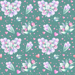 Heart shaped flower bouquet, tulips and flying hearts watercolor seamless pattern on dark green. Hand draw delicate illustration for Valentines, Mother and Women Day design, fabric and packaging.