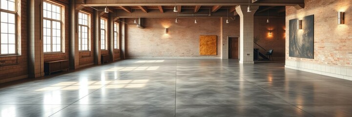 Obraz premium Warmly lit loft with polished concrete floor and decorative wall accents, ambient lighting, modern interior design, minimalist decor